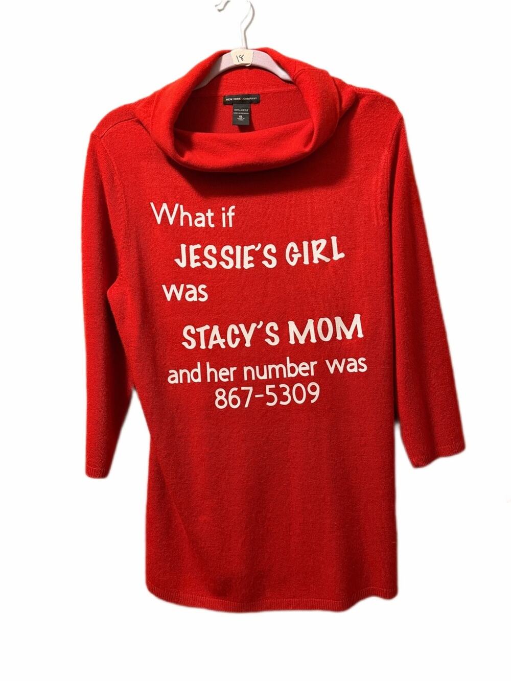 Wrinkled letters Jesses girl and Stacys mom acrylic sweater red up cycle